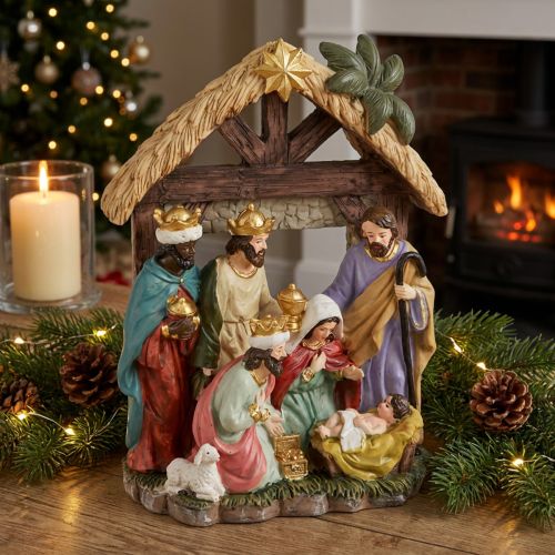 Weihnachtskrippe mit Figuren Krippe Weihnachten 15,5×7×20cm | Floristik24.de