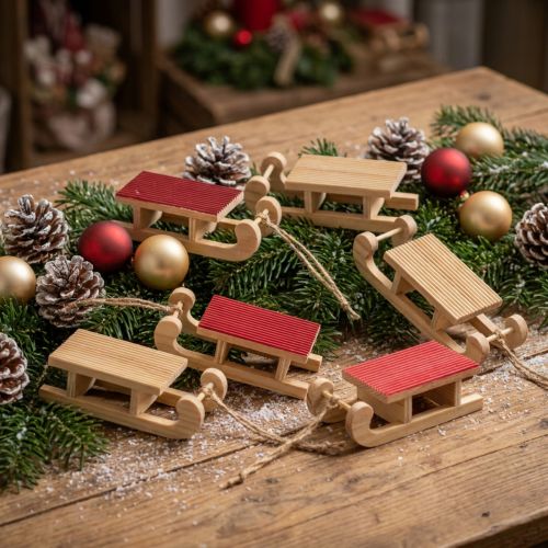 Holzschlitten Miniatur, Rot-Natur, 4x8,5 cm, 6er Set - Weihnachtsdeko | Floristik24.de