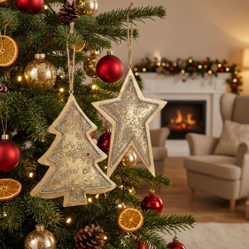 Metallanhänger Tanne und Stern, Christbaumschmuck, Weihnachtsdeko Golden, Antik-Optik H15,5/17cm 4St | Floristik24.de