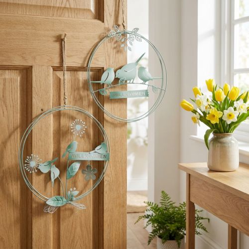 Vogeldeko zum Hängen, Willkommensschild, Metalldeko für den Frühling, Türschmuck Grün, Weiß Ø27cm 2er-Set | Floristik24.de