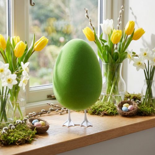 Osterei mit Füßen Deko-Ei Grün beflockt Schaufensterdeko Ostern H25cm | Floristik24.de