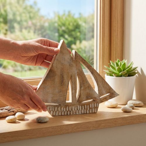 Segelboot aus Holz, Maritime Deko, Holzboot Naturfarben, Weiß H23cm | Floristik24.de