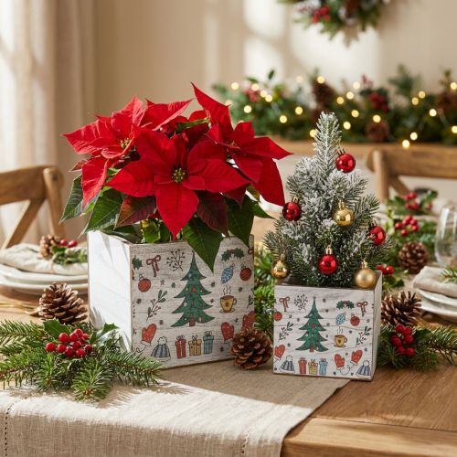Pflanzgefäß Holz Weihnachtsdeko Weiß, Bunt 20×20/15×15cm 2er-Set | Floristik24.de