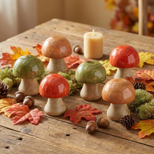 Artikel Holzpilze Herbstdeko Pilze Grün Rot Orange H6,5cm 9 St