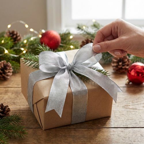 Artikel Geschenkband Silber mit Drahtkante 25mm 25m