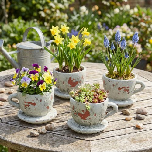 Pflanztopf Tasse Vintage Grau Ø8cm H6,5cm 4er Set