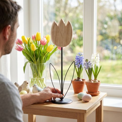 Artikel Dekorative Tulpe Holz Dekofigur auf Standfuß für Frühlingsakzente 47,5cm