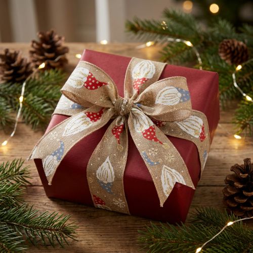 Artikel Dekoband Weihnachtswichtel auf Juteband Winterliches Motiv 60mm 10m
