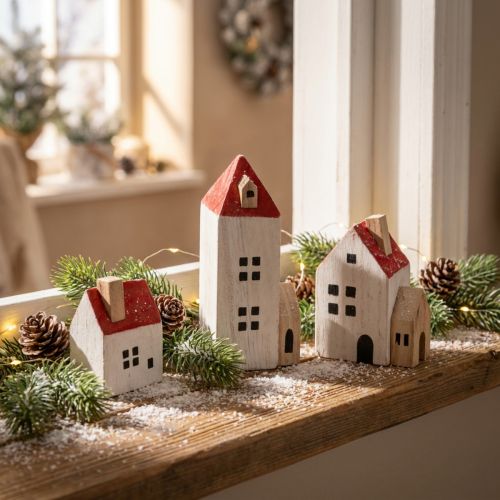 Artikel Deko Holzhaus Set Rotweiß mehrteilig Winterdeko 13cm 6St