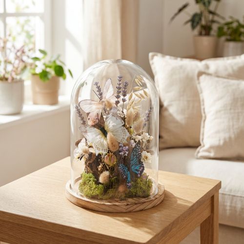 Glasglocke auf Holztablett Glassturz Klar Natur Ø17cm H24cm | Floristik24.de