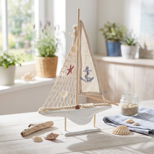 Segelboot Deko Holz Pinie auf Sockel Natur Weiß H39cm | Floristik24.de