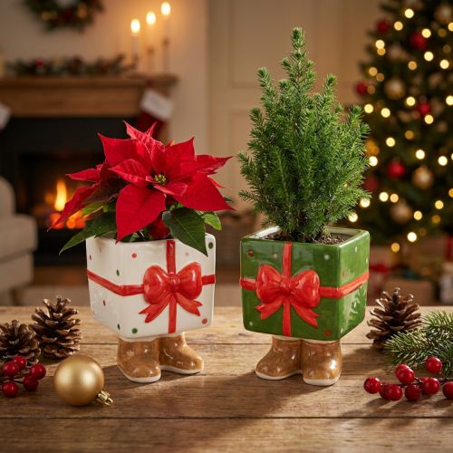 Keramik Weihnachtsdeko Übertopf mit Füßen grün-weiß