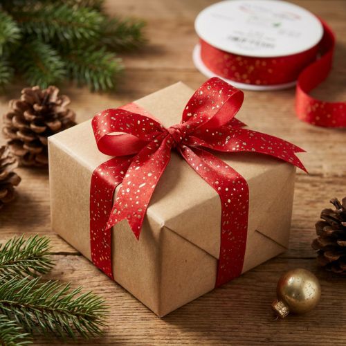 Weihnachtsband mit goldenen Sprenkeln Band Rot 25mm 20m | Floristik24.de