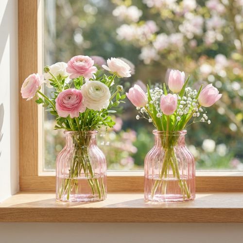 Glas Blumenvase Retro Rosa Ø11cm H14,5cm 2er Set