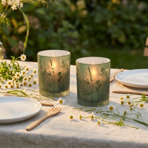 Deko Glas Windlicht Grün Weiß Motiv Wiese H12,5cm 2 St | Floristik24.de