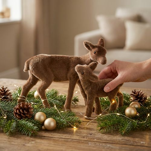 Reh Deko Braun beflockt - Weihnachtsfiguren Set