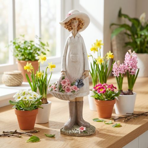 Dekofiguren Gärtner Deko Frau mit Blumen Weiß Rosa H21cm | Floristik24.de