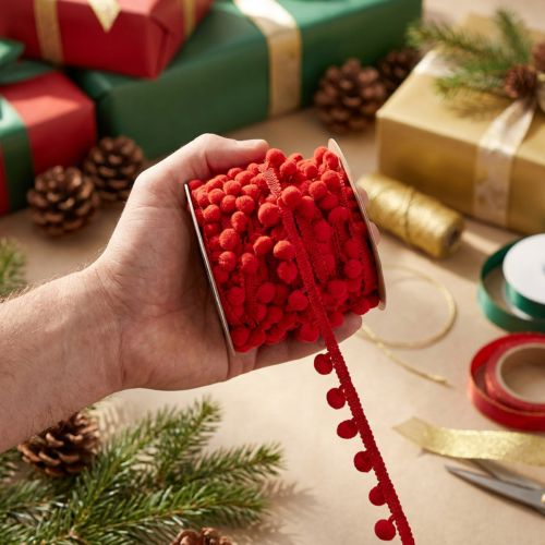 Dekoband mit Pompoms Pom Pom Band Rot 20mm 15m | Floristik24.de