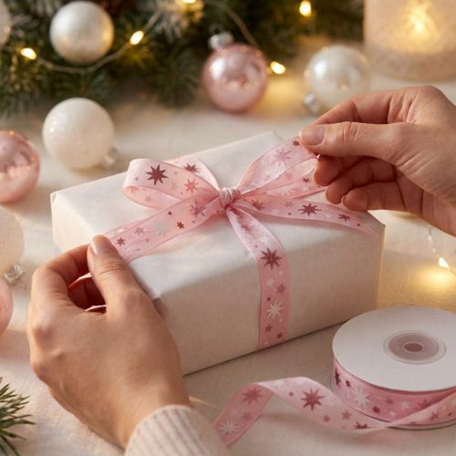Schleifenband Weihnachten Geschenkband Rosa Sternmuster 15mm 20m | Floristik24.de