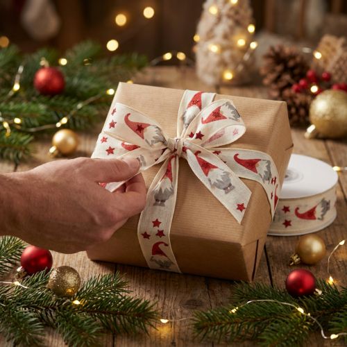 Geschenkband Weihnachtsband Wichtel Creme 25mm 20m | Floristik24.de