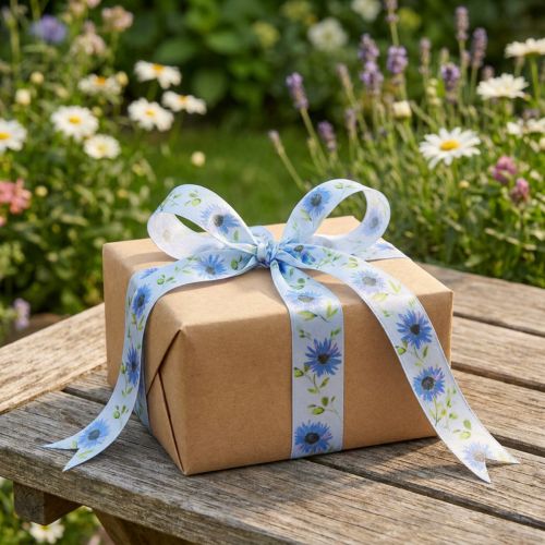 Geschenkband Band Kornblumen Seidenband Blau 25mm 18m | Floristik24.de