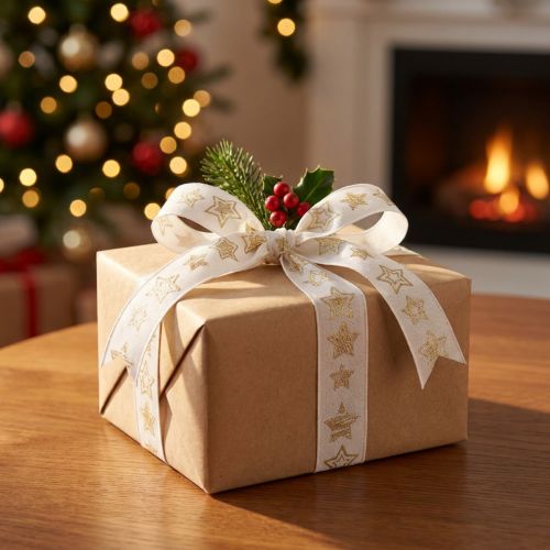 Weihnachtsband mit Sternen-Motiv Weiß Gold 25mm 18m | Floristik24.de