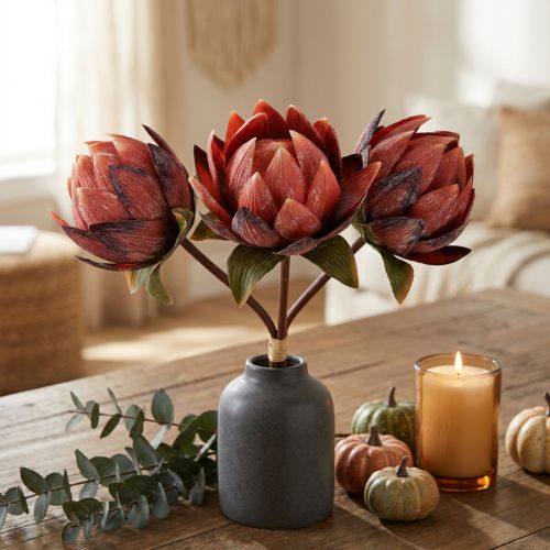 Künstliche Protea rotorange 34cm 3er Set