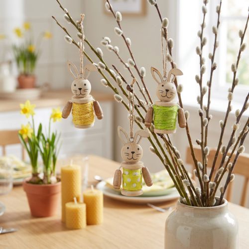 Artikel Osterhasen zum Hängen Osterdeko Holz Jute H6,5cm 9 St