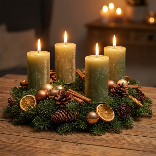 Durchgefärbte Stumpenkerzen Olivgrün 70×120mm - Lange Brenndauer 53h, 4er Set, Marmoriert für Deko und Advent | Floristik24.de