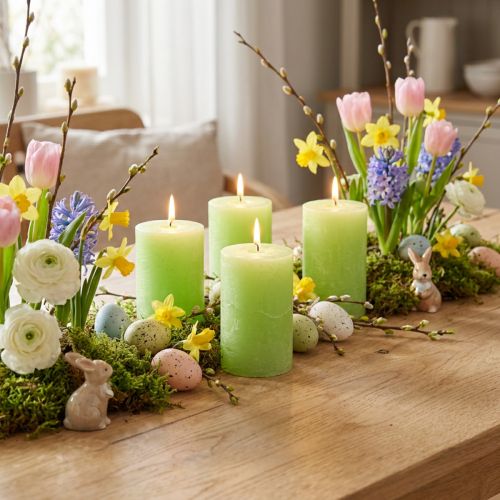 Stumpenkerzen durchgefärbt Lime Grün 70×100mm 4er Set, hohe Brenndauer, Ostern Deko | Floristik24.de