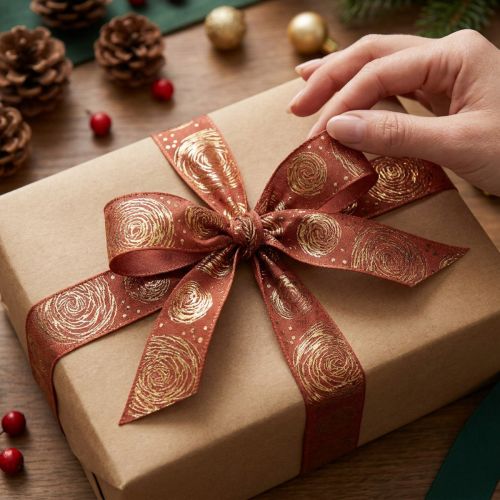 Artikel Geschenkband mit goldenen Rosen Dekoband Rotbraun 25mm 15m