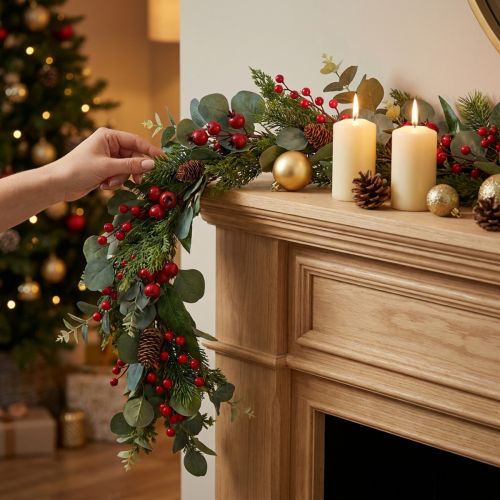 Weihnachtsgirlande Tannenzweige Eukalyptus Koniferen Beeren 160cm | Floristik24.de