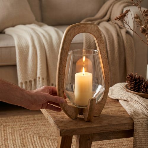Laterne Holz Glas Windlicht Mangoholz Ø14cm H26cm