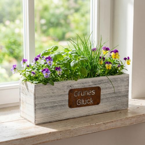 Pflanzgefäß “Grünes Glück”, Gartendeko, Holzdeko zum Bepflanzen Weiß gewaschen, Edelrost L35cm H12cm | Floristik24.de