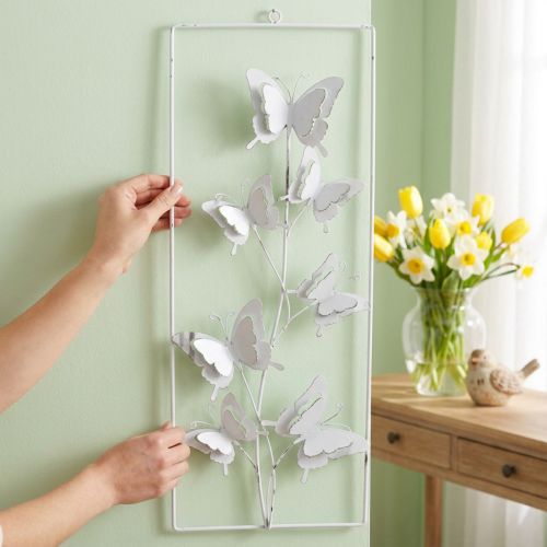 Schmetterlingsdeko zum Hängen, Frühling, Wandschmuck aus Metall, Shabby Chic Weiß, Silbern H47,5cm | Floristik24.de