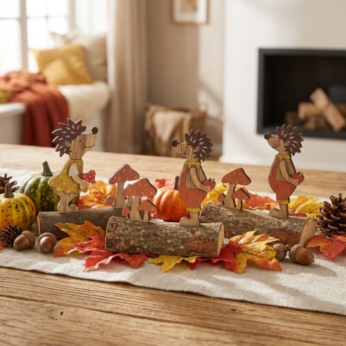 Igel mit Pilzen Herbstfigur Holzigel Gelb/Orange H11cm 6er-Set | Floristik24.de