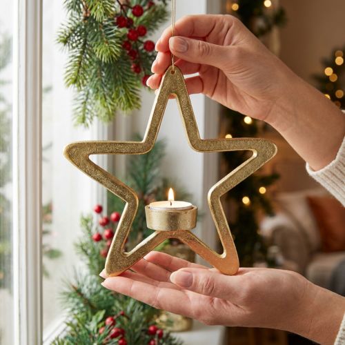 Deko Stern Teelichthalter zum Hängen Metall Golden 20cm | Floristik24.de