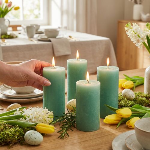 Stumpenkerzen durchgefärbt Hellgrün Jade 70×100mm 4St - Hochwertige Dekokerzen für Tischdeko Ostern Hochzeit | Floristik24.de
