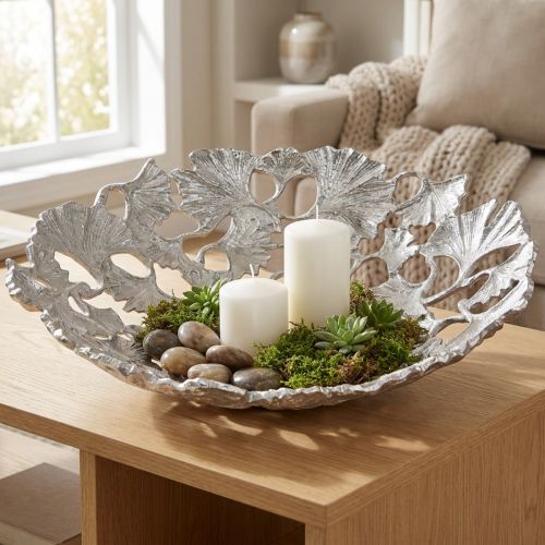Dekoschale Silber Ginkgo Metall Ø43cm H11cm