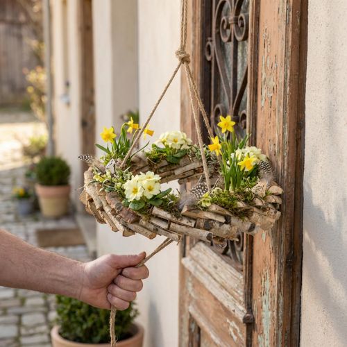 Holz Kranz zum Hängen mit Haken aus Birkenholz Ø35cm - Natürliche Deko für Frühling, Makramee, Blumen & Kräuter | Floristik24.de