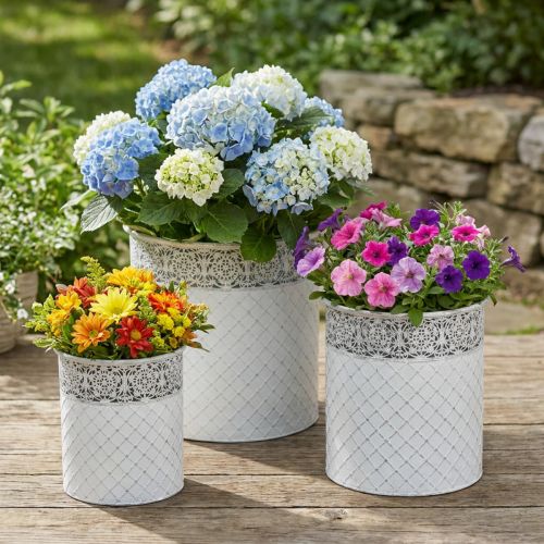 Pflanztopf 3er-Set Metall Shabby Chic Weiß-Silber