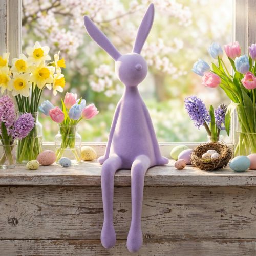 Kantenhocker Hase beflockt Osterhase sitzend Flieder 56cm | Floristik24.de