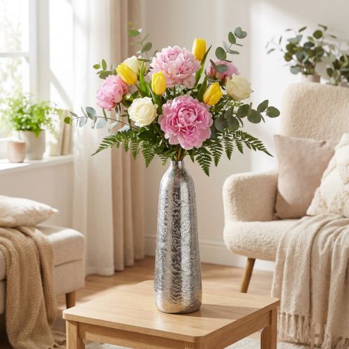 Deko Vase Metall Silber gehämmert H32cm Ø9,5cm