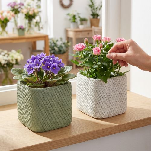Übertopf Keramik Weiß Grün Relief Netz 12,5x12,5cm H9cm 2St | Floristik24.de