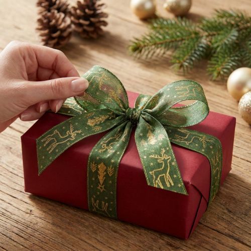 Artikel Weihnachtsband Drahtkante Rentier Grün Gold B25mm L18m