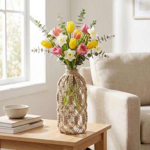 Makramee Flasche Glas Deko Vase Jute Natur Ø10,5cm H26cm | Floristik24.de