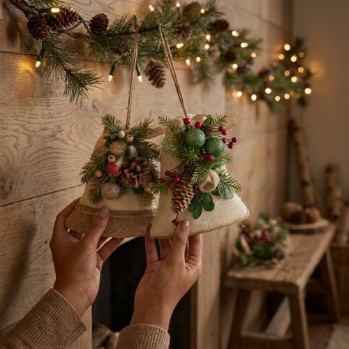 Artikel Rustikale Weihnachtsglocken Wanddekoration Jute Tannenzweige Zapfen