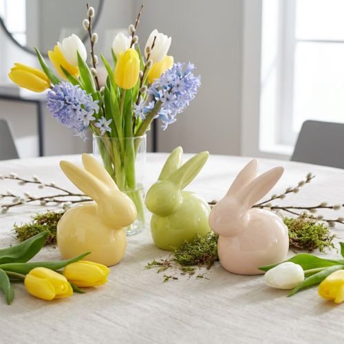 Deko Hase Gelb Grün Braun Moderne Keramikfigur für Ostern 8,5cm 3St | Floristik24.de