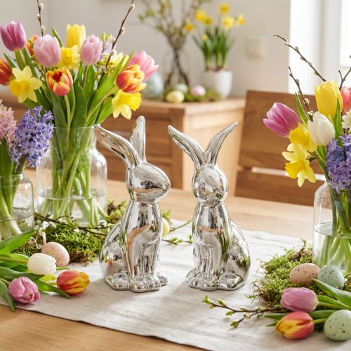 Deko Osterhase Keramik Deko Hase sitzend Silber 18cm 2 St | Floristik24.de