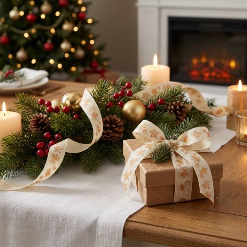 Artikel Weihnachtsband Honigkuchen Nachhaltiges Geschenkband Creme 25mm 15m